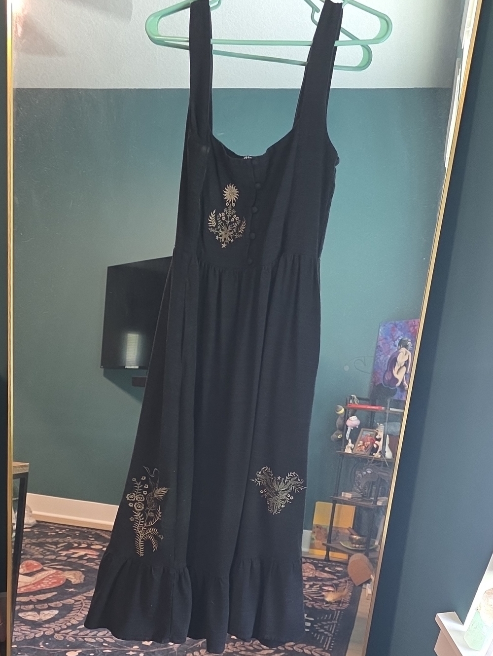 Disturbia Black Maxi Dress with Gold Floral Embroidery